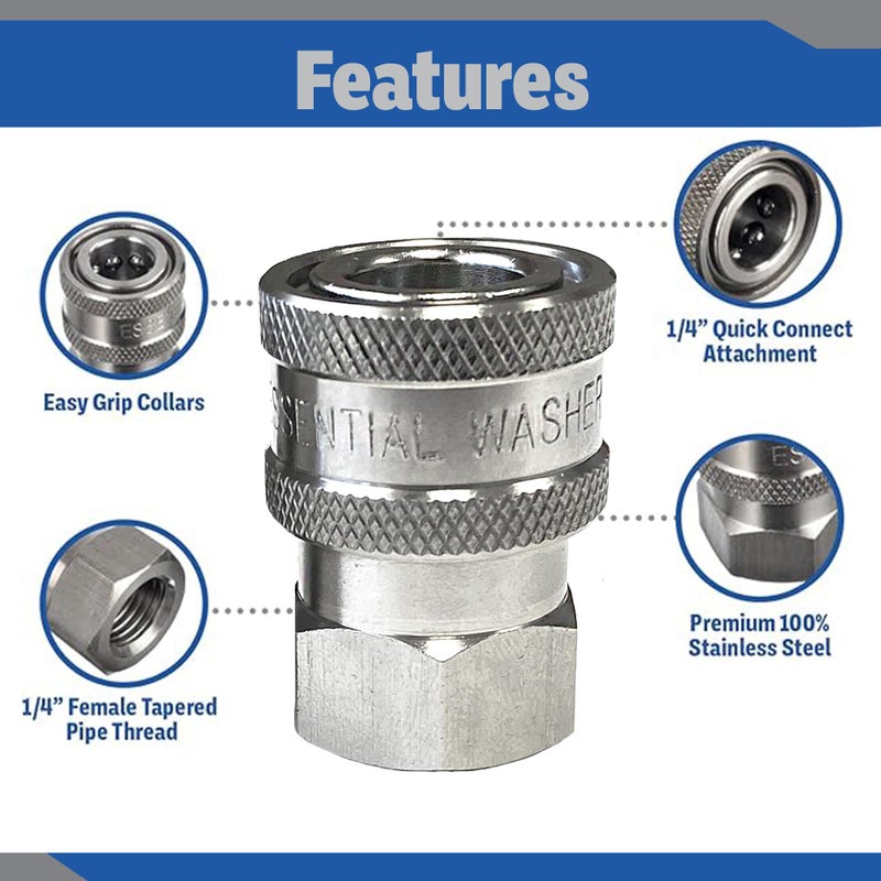 Essential Washer Stainless Steel Â¼â€ Quick Connect Female NPT | Pressure Washer Quick Connect Fittings | 5000 PSI | Set Of 2 - Image 3